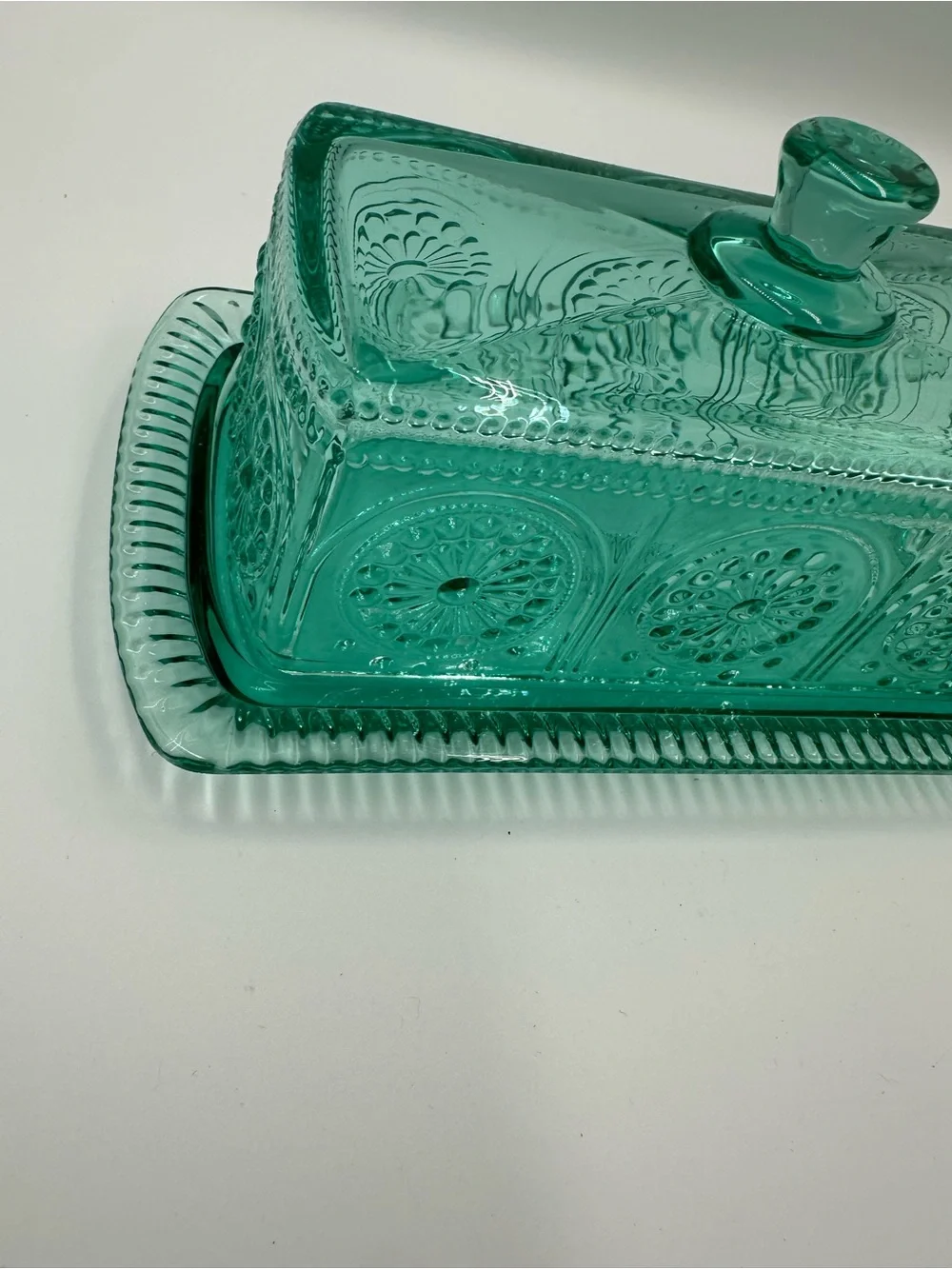 The Pioneer Woman Adeline Teal Embossed Glass Covered Butter Keeper Dish